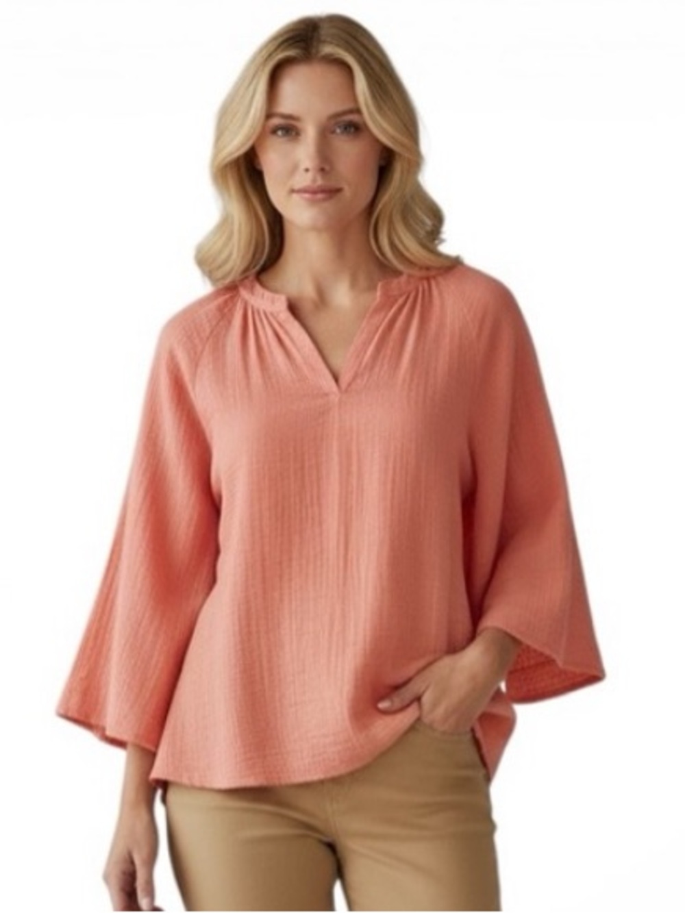 Karyn Seo Coral Cotton Popover Tunic Split Neckline Raw Hem Wide Sleeve Orange